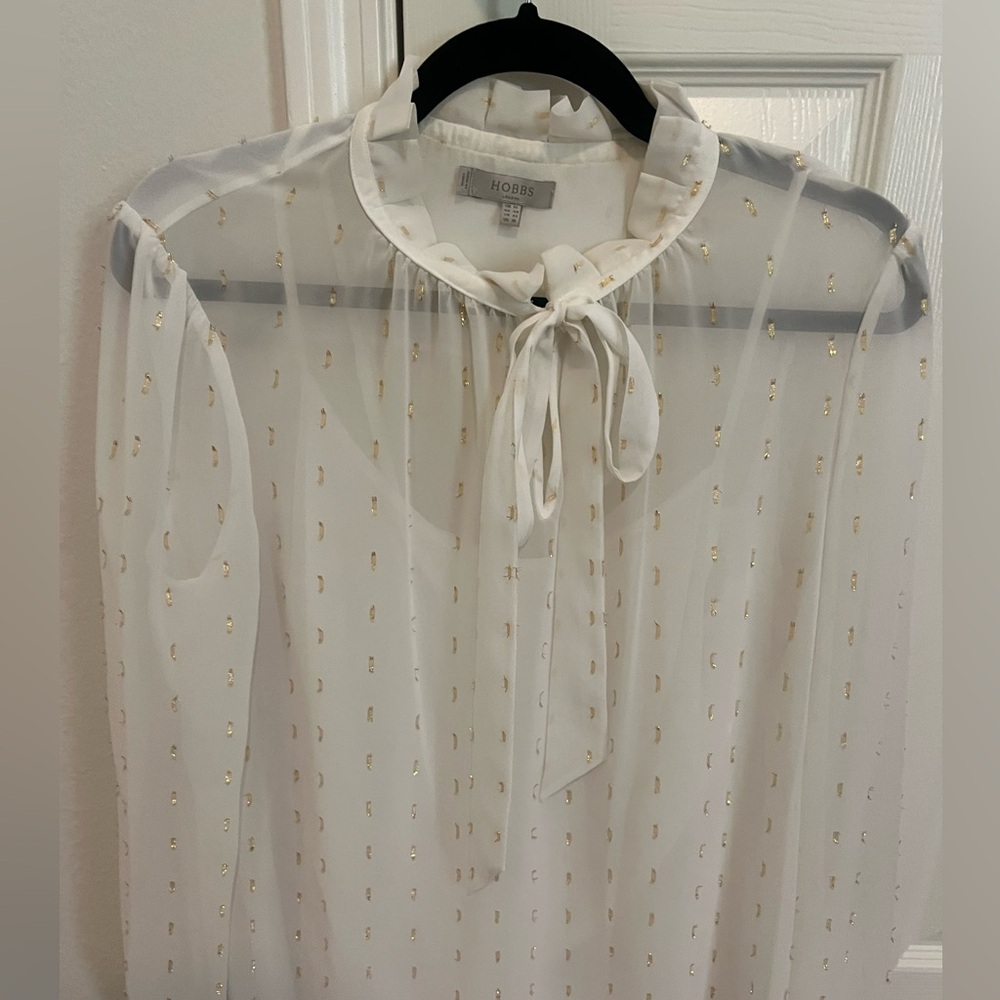 Hobbs bow tie blouse. From UK. Size 14 (American size 10/12). White and gold.